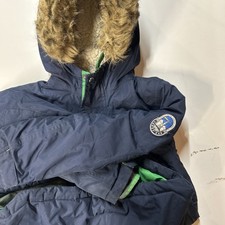 Lands' End Unisex Kids S Parka Jacket Navy Green Hooded Down Insulated Faux Fur