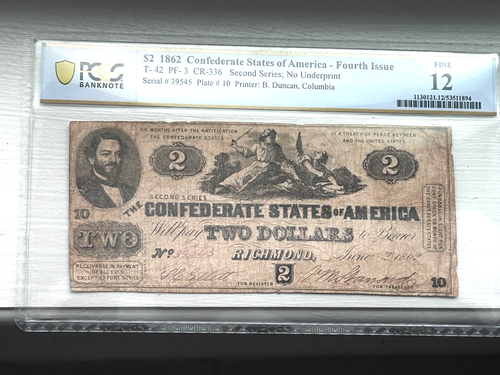 1862 2 Dollar Confederate States of America CIVIL WAR NOTE CSA T-42 PCGS 12 NICE