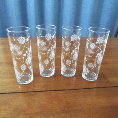 4 Vintage Tom Collins White Swirling Snowflake Glasses