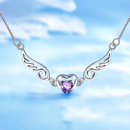 Angel Wings Necklace Pure Silver 925 Jewelry Romantic Purple Crystal Heart Necklaces For Women Sterling-Silver-Jewelry Necklace