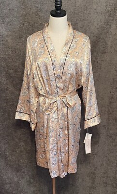 Linea Donatella Contrast Trim Printed Floral Wrap Robe MOY190 Peach XL New