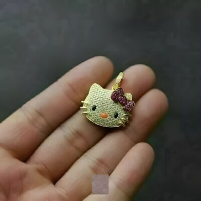 1,5 ct Rundschliff echter Moissanit Heiligenschein Katze Anhänger 14k Gelbgold plattiert