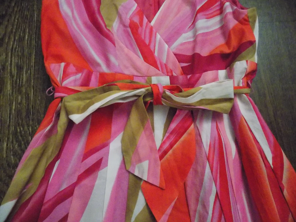 DressBarn EUC Dress Empire Sleeveless Belt tie bow Pink Beige Orange Cotton Sz 8 - Image 3 of 4