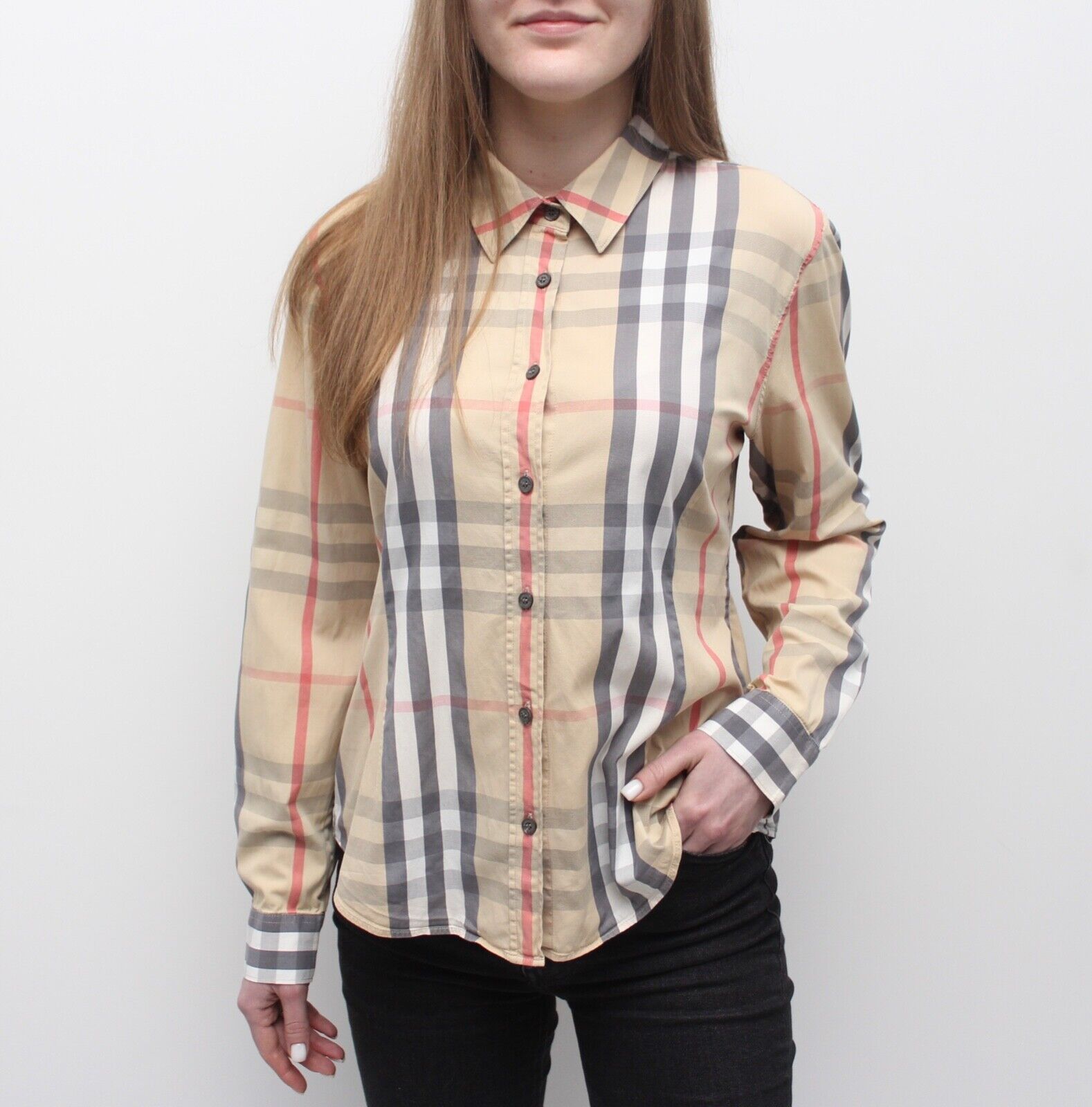 Women's BURBERRY London Nova Check Cotton Shirt Button-Up Plaid Long Sleeve  M-L | eBay