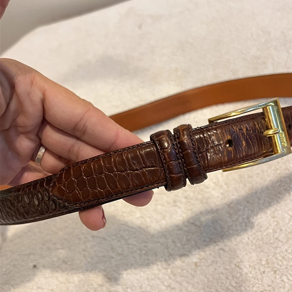 Ralph Lauren Brown Leather Belt Boys L Gold Buckle Church Uniform Animal Print - Image 4 of 4