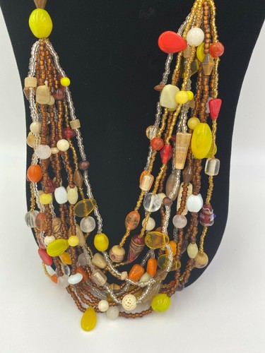 Multi-Strand Beaded Statement Necklace Yellow Red Copper Brown Beads Unmarked - Picture 7 of 7