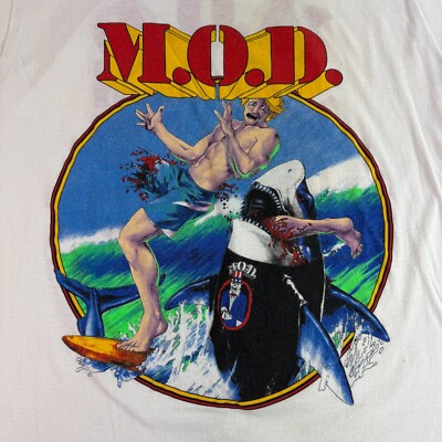 T-shirt Vintage Années 80 M.O.D. Attaque Requin Blanc XL - Occasion Bon état