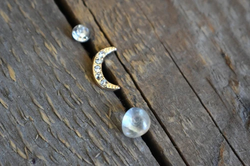Set of 3 Earrings Raw Moonstone Three Tiny Moon Stud Blue Gemstone Crystal Steel
