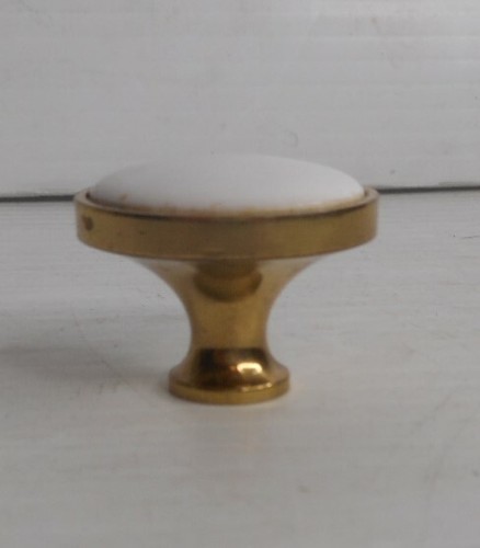 Vintage BRASS PORCELAIN White Knobs Drawer Pulls 1 1/4" diameter x 1" high - Picture 3 of 4