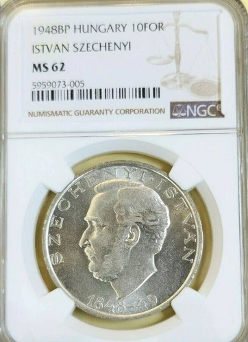 1948 HUNGARY SILVER 10 FORINT ISTVAN SZECHENYI NGC MS 62 NICE SMOOOTH LUSTER