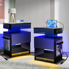 Modern Black Nightstand Set with Charging Station and LED Light, 2-Pack
