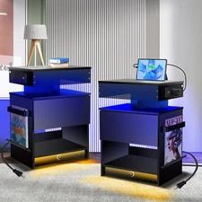 Nightstand Set 2,Nightstand with Charging Station,Induction Light and LED Light,
