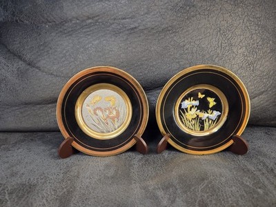 Vintage Art of Chokin Miniature Plates Set 2 Lesser Pavey Iris Flowers Japan