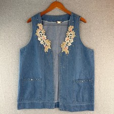 Vintage Open Front Western Blue Denim Vest Embroidery/Studded Detailing Sz M