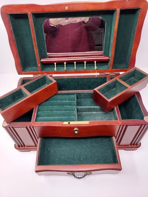 Jewelry Storage Box Wood Many Compartments Velvet Lining Mirror 13'' x 7'' x 7''