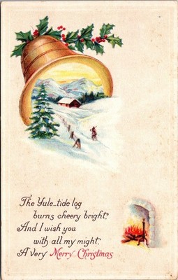 Antique Postcard Merry Christmas Yuletide Log Burn Cheery Bright Gold Bell c1915