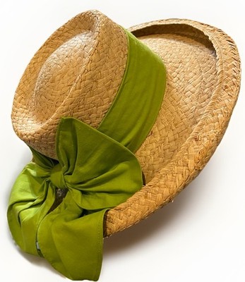 Women s Fiesta Straw Sun Hat Green Bow Size SM Gardening Hiking Boho Cottagecore