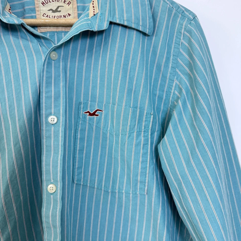 Vintage Y2K Hollister Button Up Shirt Mens XL Aqua Blue Striped Preppy Coastal - Image 3 of 4
