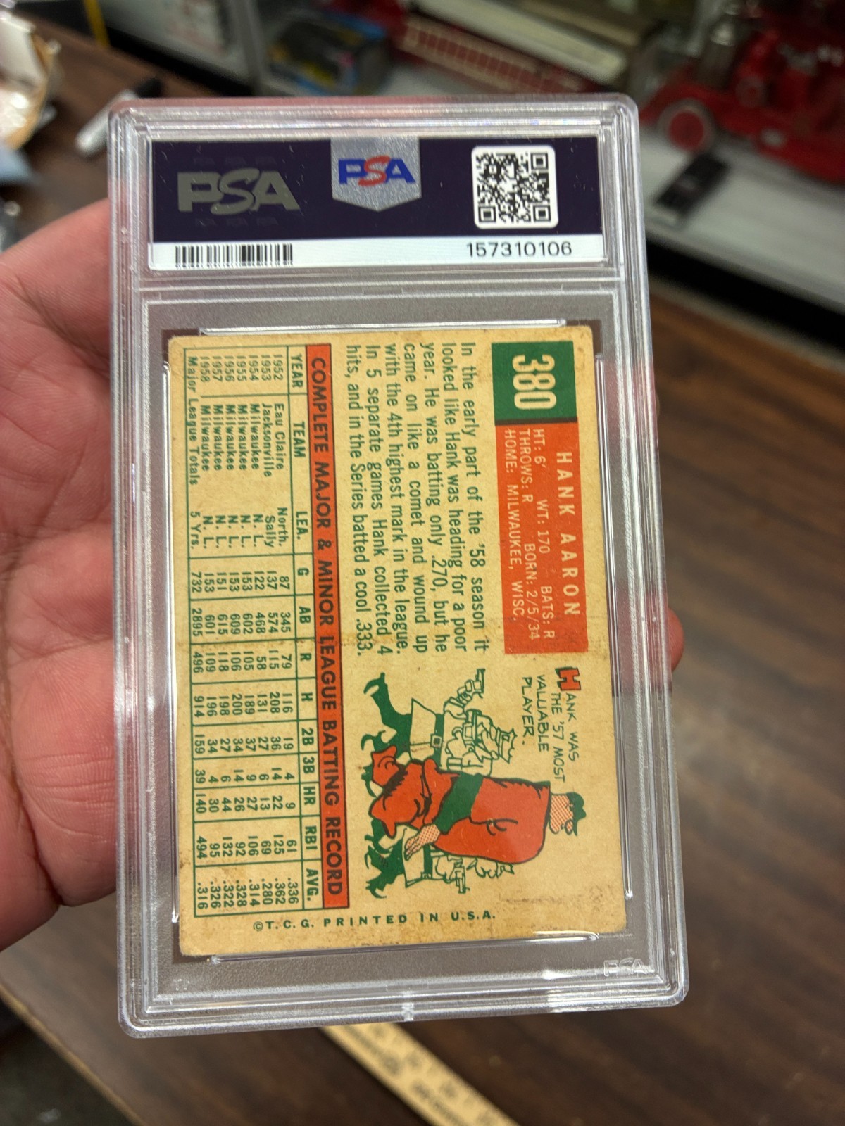 1959 TOPPS #380 HANK AARON PSA 2.5 view 2