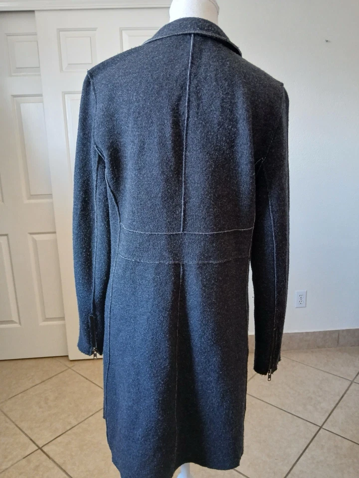 Chaqueta Larga EILEEN FISHER Mujer S Lana Merino Gris Frente Abierto Cremallera Asimétrica Foto 3 de 4