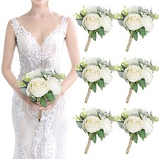 Bridesmaid Bouquets Set of 6 - Ivory White Artificial Flowers Bouquet for Bri...