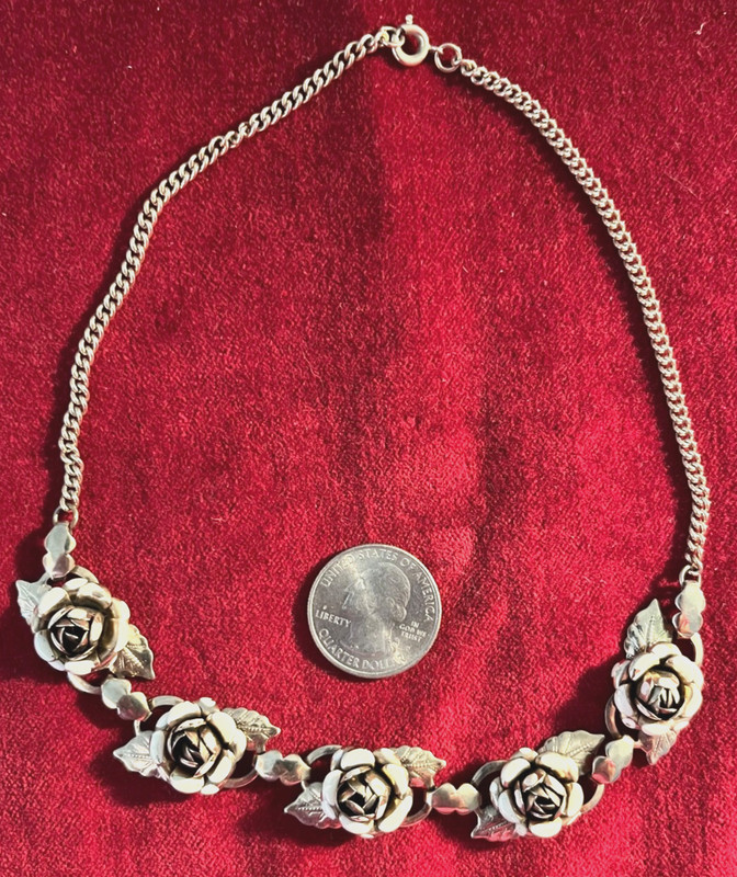 Vintage Gold Tone White Enamel Rose Necklace -15" - 1950's