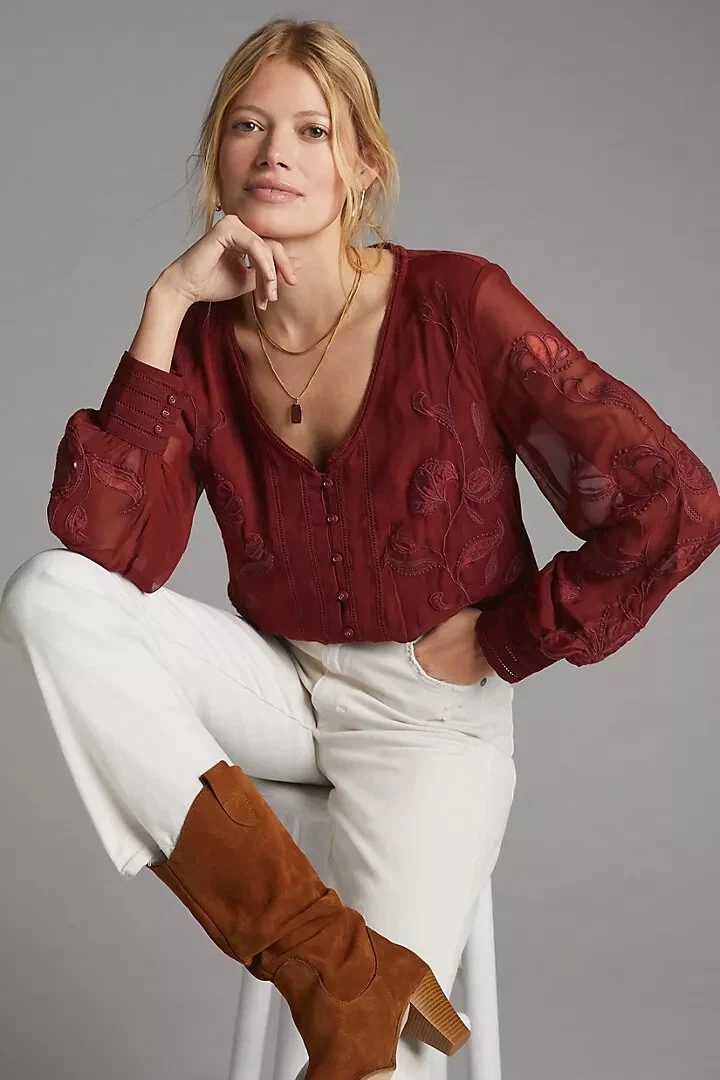 $120 new nwt Anthropologie Embroidered Floral Buttondown size S