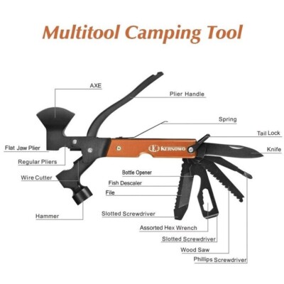 NEW KERNOWO 16-In-1 Camping Emergency Survival Multitool + Sheath BLACK ORANGE