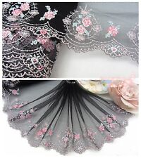 8"*1Y Embroidered Floral Tulle Lace Trim~Black+Beige+Coral Pink~Warmest Glow~ 