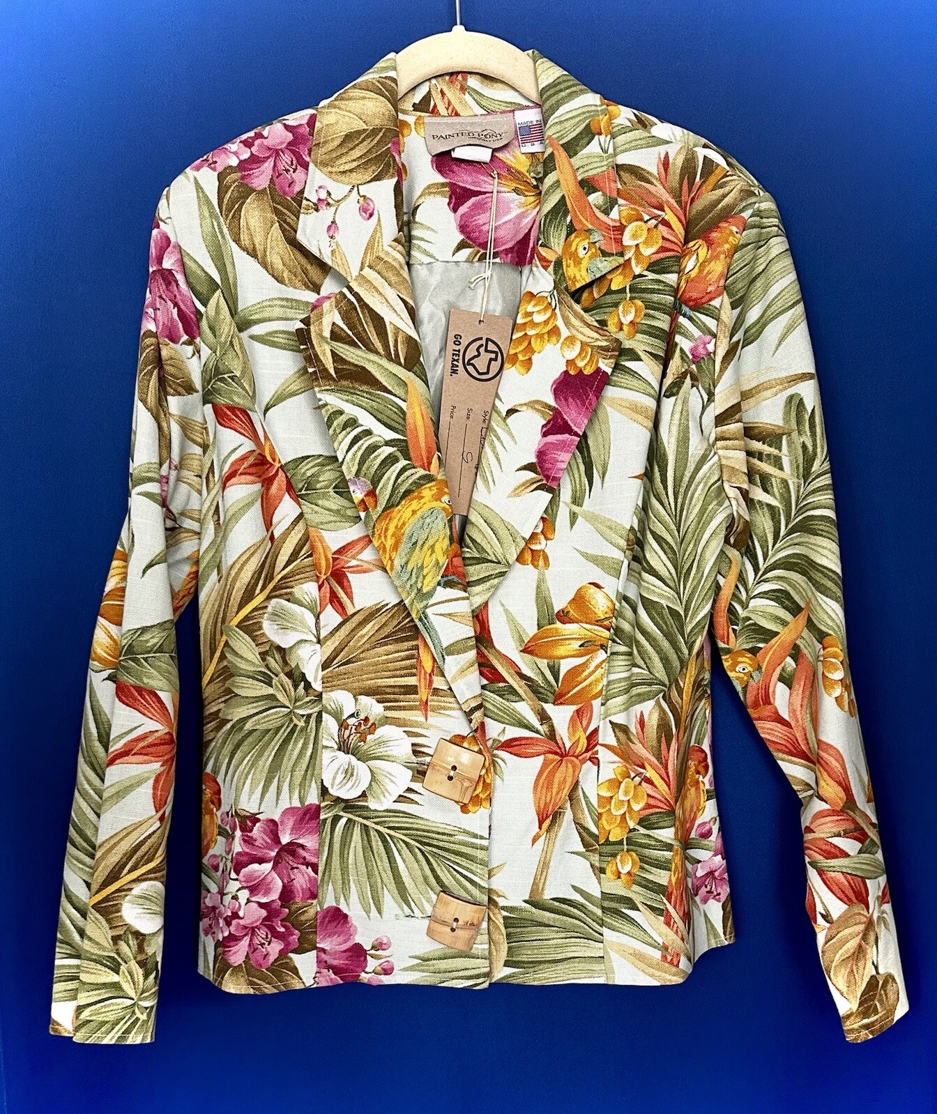 *NUOVA CON ETICHETTE *PONY DIPINTO* Giacca floreale taglia S completamente foderata con bottoni sul davanti testurizzata