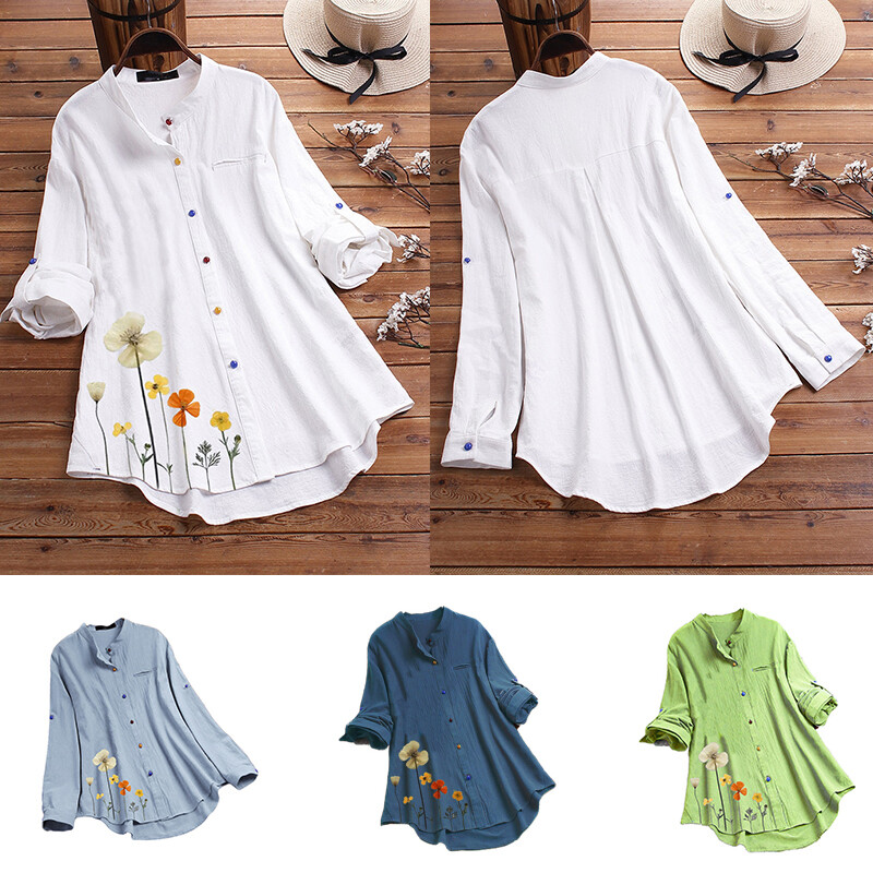 Womens Cotton Linen Tops Blouse Ladies Baggy Long Sleeve Plus Size T-Shirt Tunic