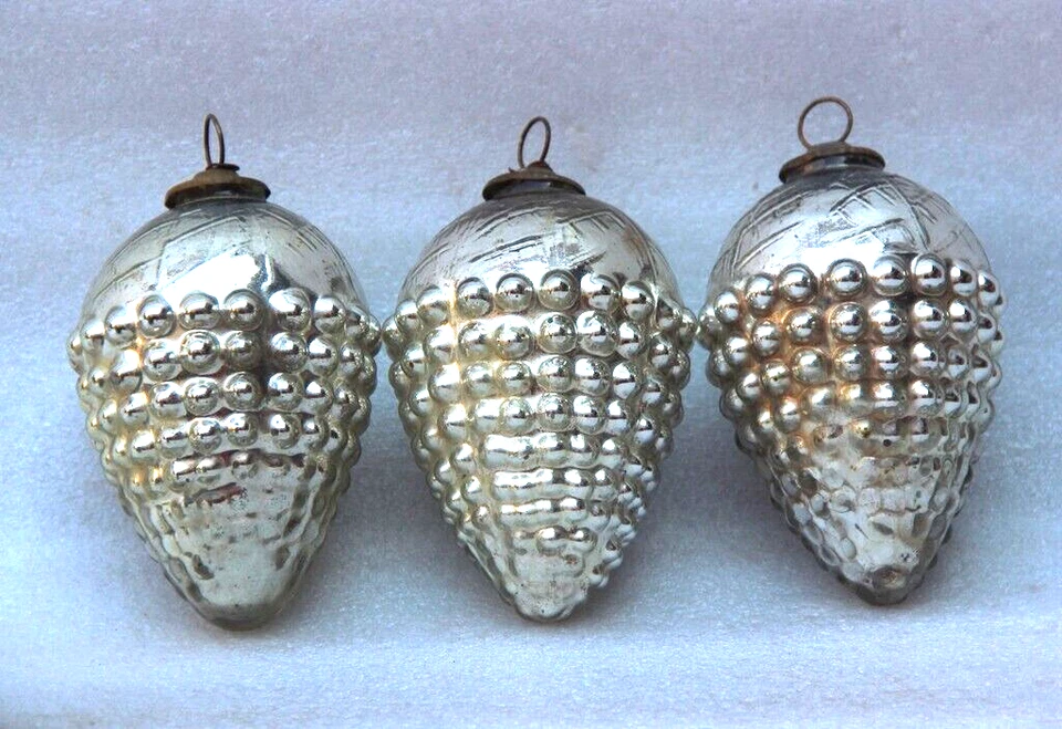  Bolas/adorno de vidrio alemán pesado original de plata de 5"" vintage de 3 piezas Foto 2 de 4
