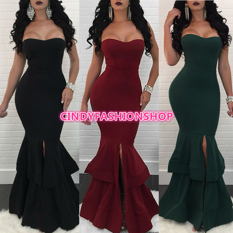 USA Women Strapless Solid Evening Party Ruffles Long Maxi Prom Club Dress