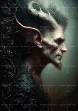 DARK GOTHIC DEMON PORTRAIT ART PRINT, Fantasy Horned Creature Poster, Fae Decor