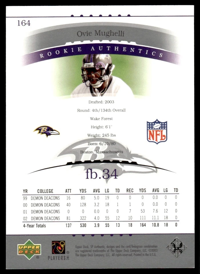 2003 SP Authentic Ovie Mughelli Rookie 0005/1200 Baltimore Ravens #164 R101 - Image 2 of 2