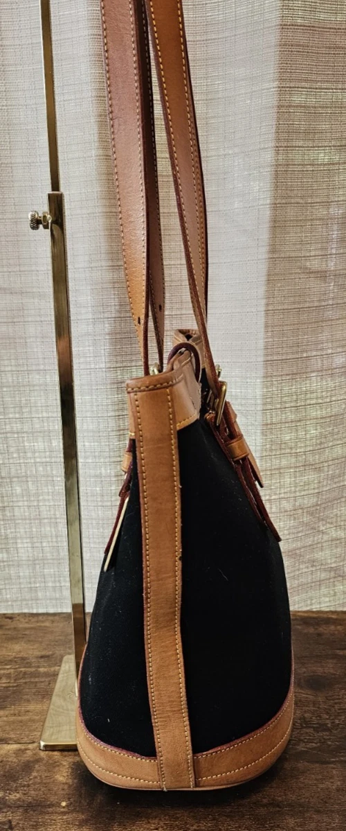 Borsa a tracolla vintage Dooney & Bourke nera tela bordo pelle secchiello USA