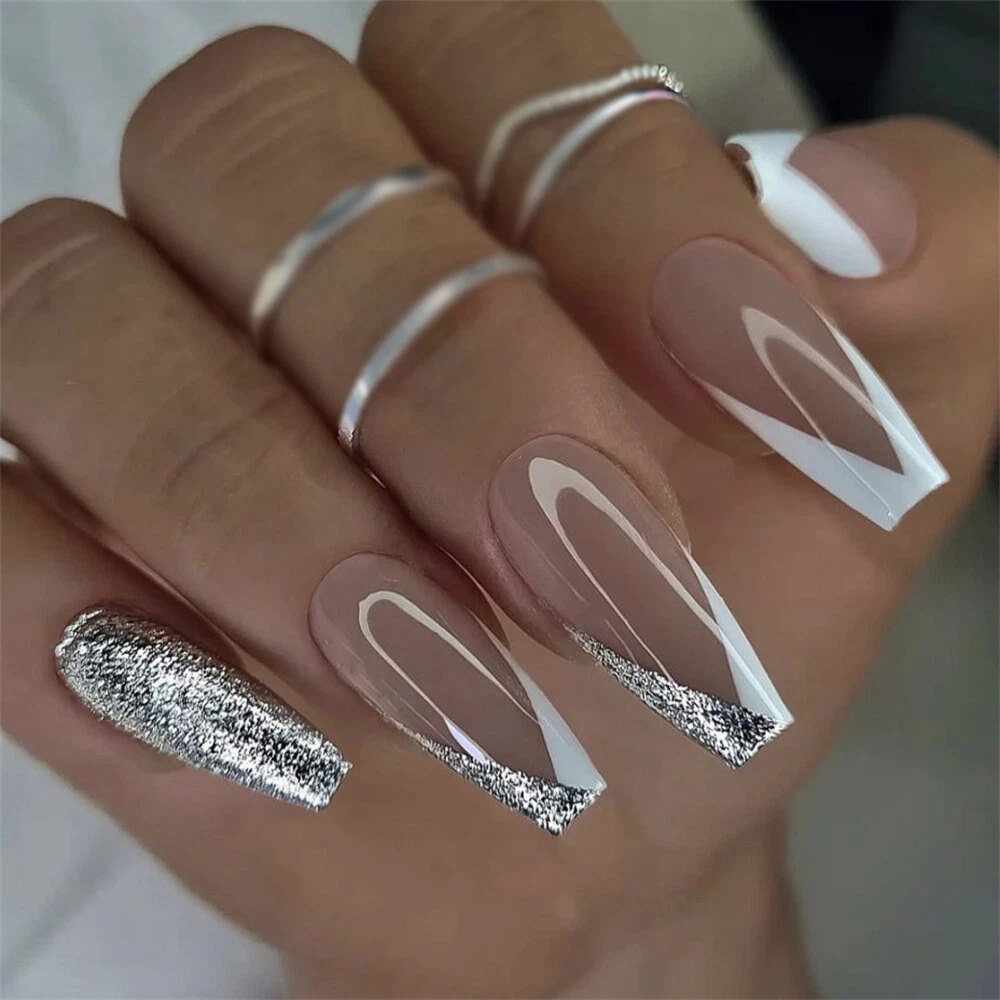 Coffin White/Glitter Acrylic Nails by Gabi1074289