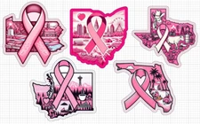 Multi State Pink Awareness Ribbon Stickers Breast Cancer Glossy TX FL PA WA OH