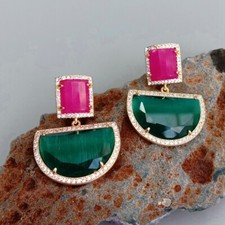 Orecchini pendenti geometrici bigiotteria moda semicerchio verde fucsia occhio di gatto