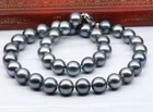 Huge 18"11-13mm south sea genuine silver gray blue round pearl necklace jewelry