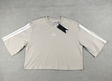Adidas 3 Stripe Tee Shirt Women s Small Beige Cropped Oversized Essentials NEW