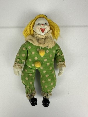 Vintage Porcelain Clown Doll 10  Bisque Face Polka Dot Outfit Retro Circus