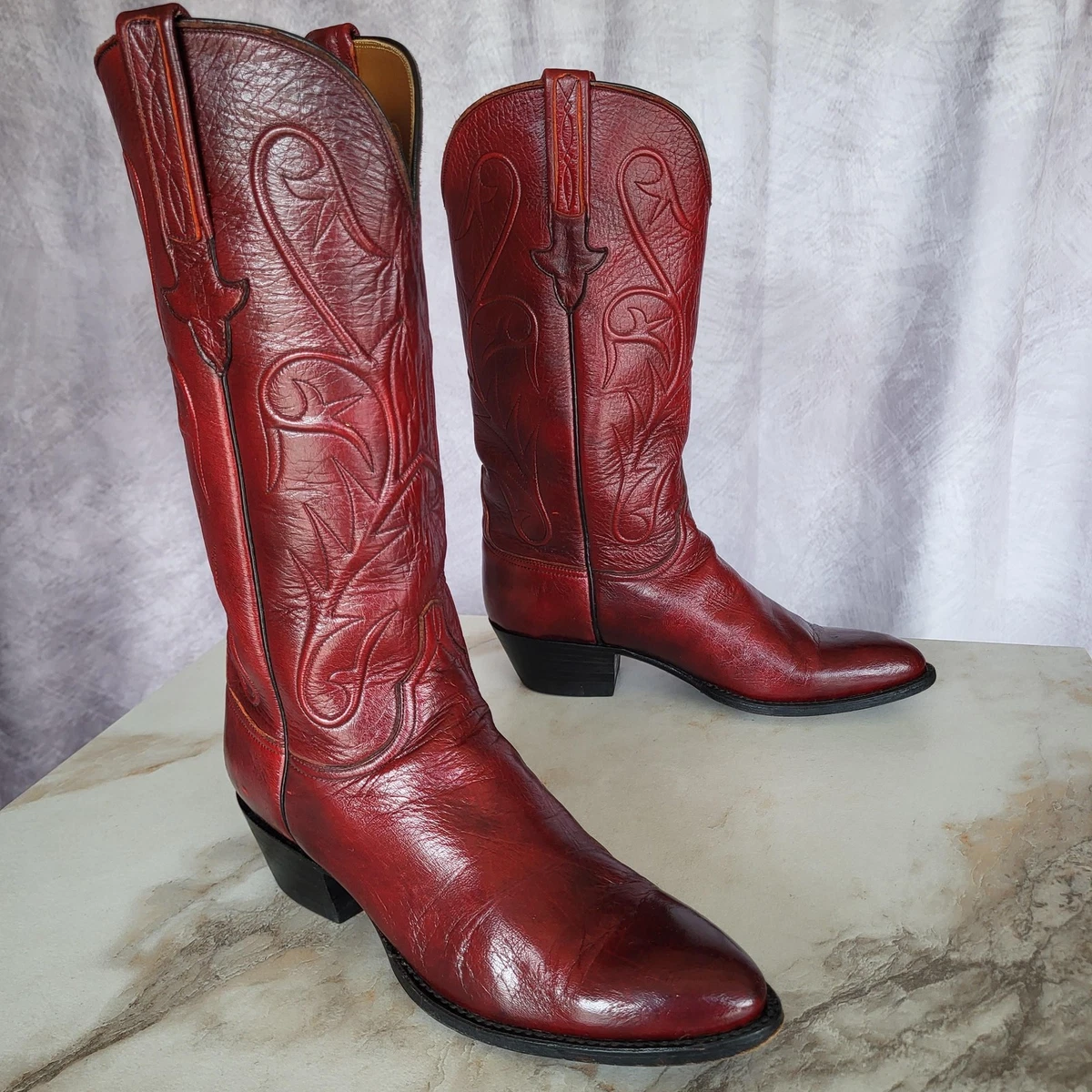 Lucchese Black Cherry Red Leather Cowboy Boots Men\'s 10.5C Western Country Brand new Rockin Leather Tiburon Rustico boots for sale main image 4