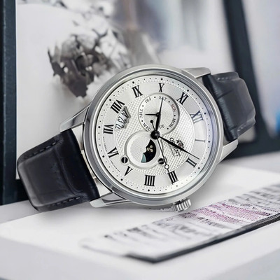 Orient Herrenuhr RA-AK0008S30B Sonne und Mond weißes Ziffernblatt schwarzes Lederband 50M