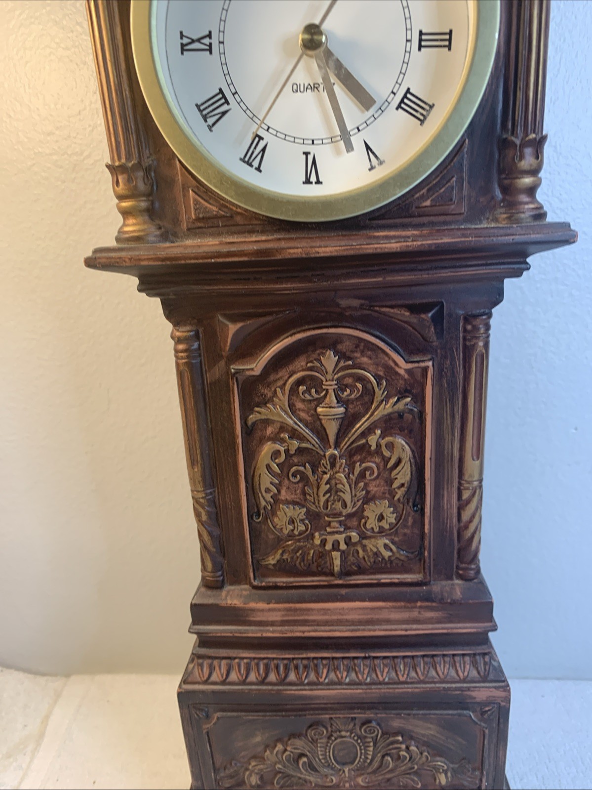 Quartz Cherry Wood Gold & Brown 1980s Grandfather Mantle or Table Clock 17.5”