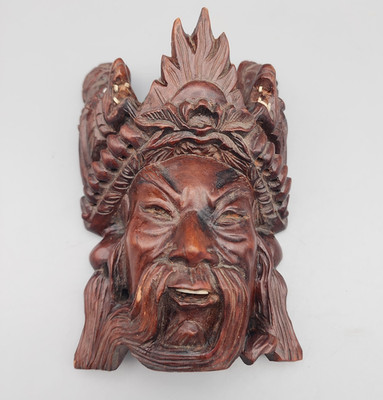 Vintage Asian Hard Wooden Hand Carved Mask Emperor Man Dragons
