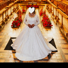 Ivory Lace Satin Ball Gown/Duchess Wedding Dress Long Sleeve Train