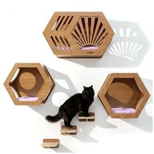 Modern Hexagonal Cat Wall Shelf System, 6-Piece Wood Wall Mounted Cat Furnitu