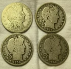 BARBER HALF DOLLARS = 4 DIFFERENT == 1908, 1908 D, 1908 O, 1908 S = 90% SILVER