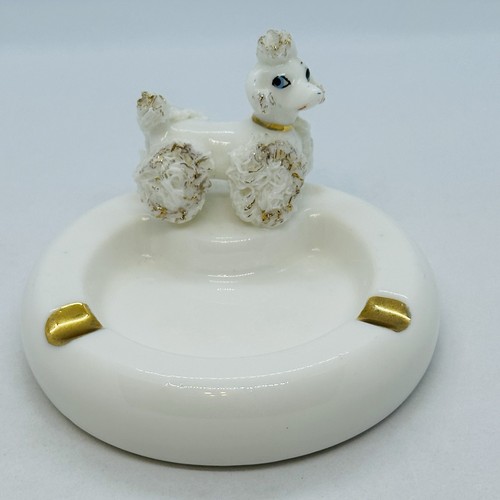 VTG Lefton White Spaghetti Poodle Ashtray with Gold Accents Made in Japan KB100